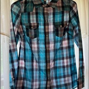 Juniors size Small - plaid western shirt - turquoise- brand CI SONO